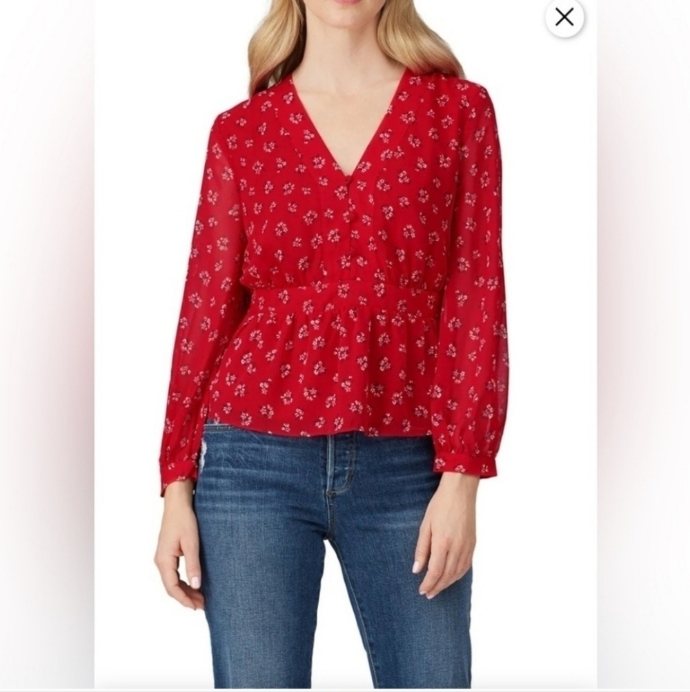 Madewell Georgette Retro Fem Red Floral Blouse Button Accent Ruffle Size XS